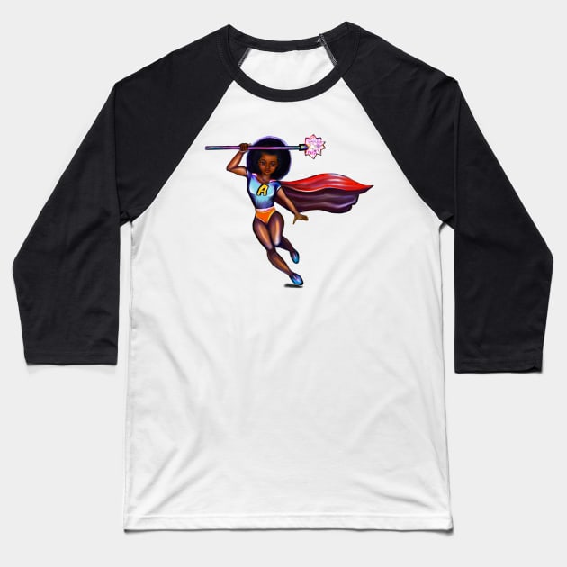 Black anime superhero girl from space with red cape ! beautiful  black girl with Afro hair, brown eyes, Cherry pink lips and dark brown skin. Hair love ! Baseball T-Shirt by Artonmytee